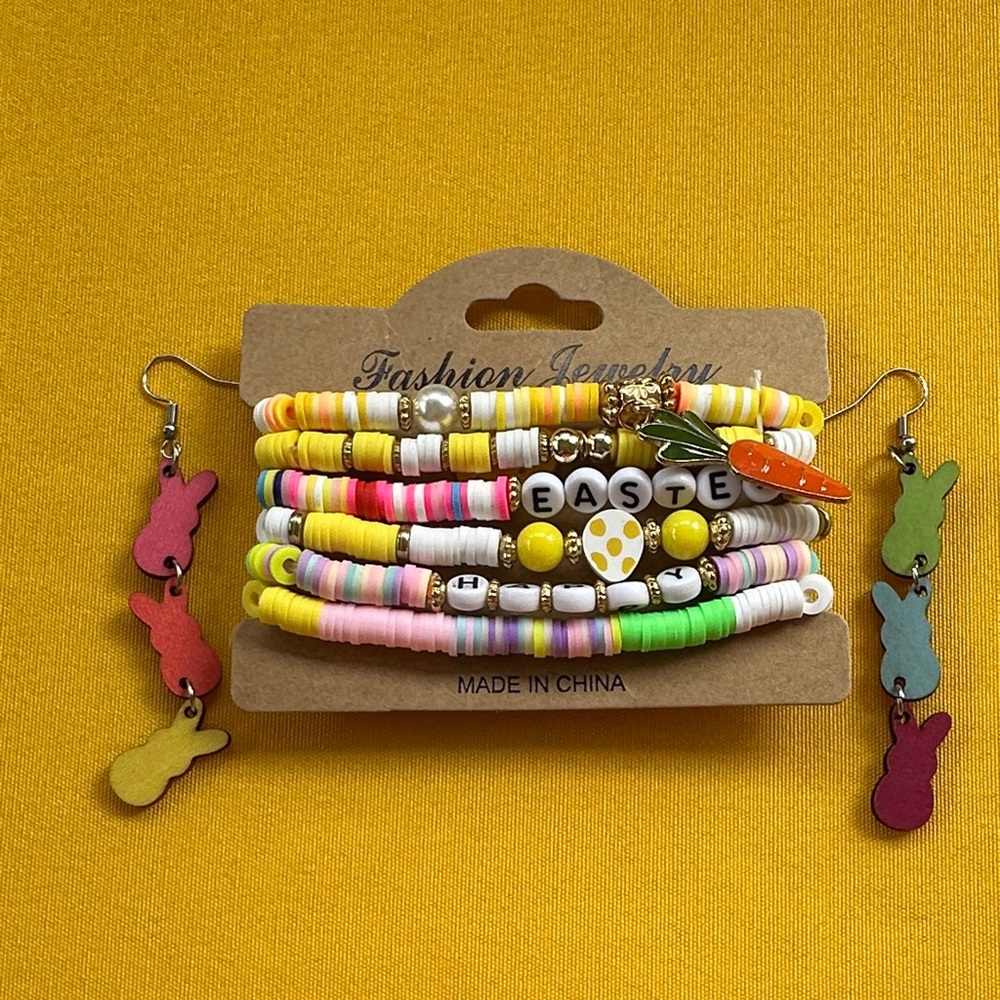 Easter Bunny Multicolor Bracelet Set with Bunny Earrings